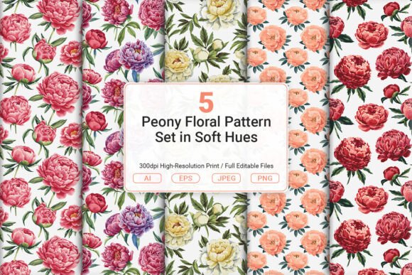 Download Peony Floral Pattern Set in Soft Hues - Premium Bundle